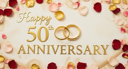 Golden 50th Anniversary Celebration with Romantic Rose Petals on Light Background