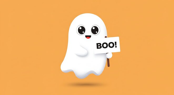Adorable cartoon ghost saying Boo! holding a sign on orange background perfect for Halloween promotions and kids' events this spooky season