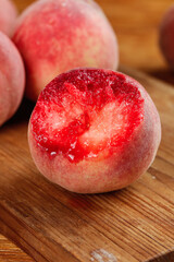 Fresh Red Flesh Peaches on Wooden Board - Juicy Summer Stone Fruit from Hubei