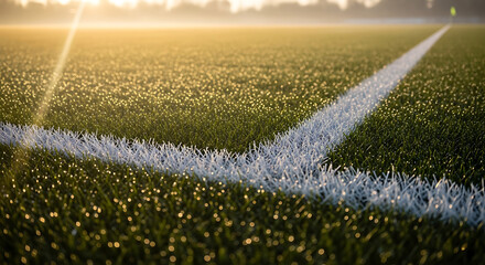 Close-up of a corner of a soccer field marked with white lines and artificial turf, daytime
