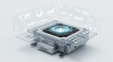 Fototapeta premium 輝く未来技術 透明な筐体から放つ青白い光 精密な内部構造. AI Generated