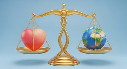A 3d illustration of a golden scale balancing the weight of love heart and world, a concept and symbol of social justice human rights