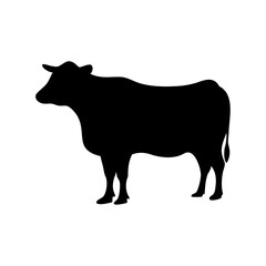 A simple black silhouette of a cow standing on a white background