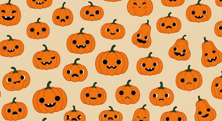 Delightful pumpkin patch pattern with happy, sad, and silly faces for Halloween parties and festive fall designs, evoking cheerful autumn vibes