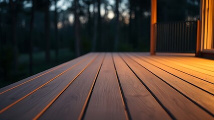 Wooden deck at twilight with warm lighting, surrounded by a softly blurred forest background.