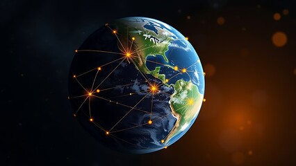 Naklejka premium Satellite view of Earth with golden connection points, abstract digital networks against deep space.