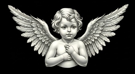 愛らしい天使の羽根 優雅な白黒描写 静謐な光と影. AI Generated