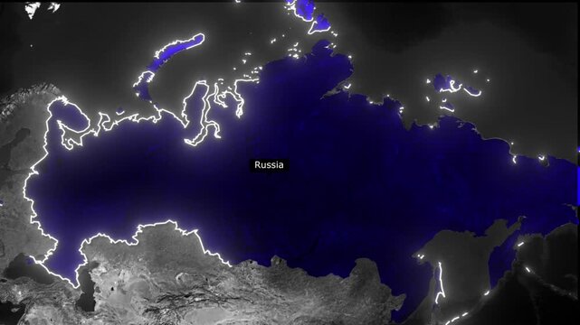 Aerial view of russia at night showing city lights and borders with a dark blue ocean area overlayed