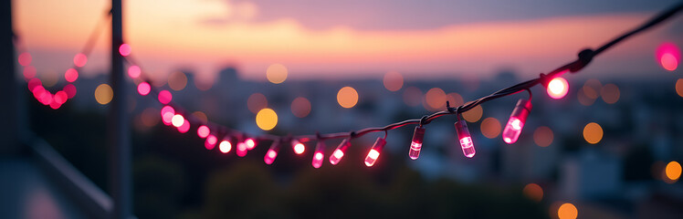 delicate string pink led lights cascades blurred urban landscape dusk warm golden light spilling surrounding