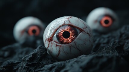Close-up of a surreal eye with fiery iris resting on dark rocky surface in a mystical environment