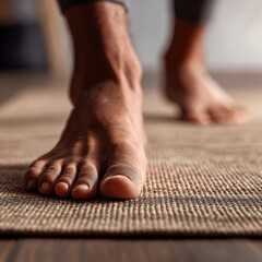 Close-up of bare feet stepping onto a textured yoga mat, showcasing the connection to wellness and mindfulness in a serene indoor environment with natural light