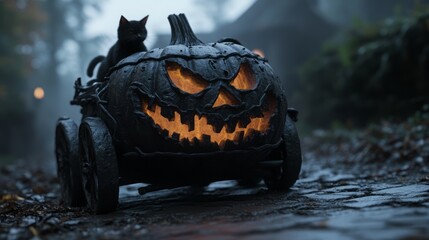 Spooky Black Cat Riding in Haunted Pumpkin Carriage on Foggy Halloween Night