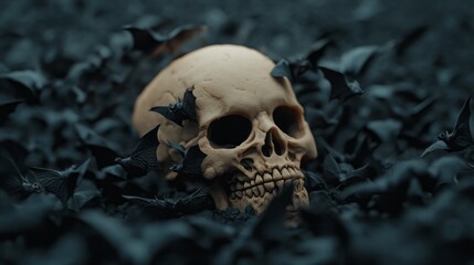 Skull Surrounded by Bats on Dark Background Ideal for Halloween and Gothic Themes