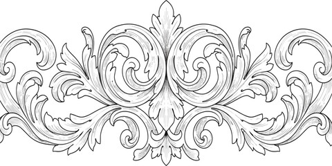Ornate classical scrollwork, vintage acanthus leaf design, symmetrical decorative flourish, elegant baroque ornament, intricate foliage pattern, antique architectural embellishment