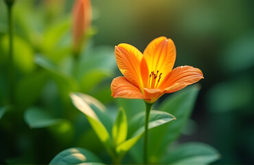 Fototapeta premium delicate flower blooms amidst lush greenery petals glistening soft morning light captured shallow