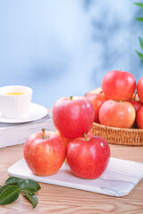 Fresh Red Fuji Apples on Marble Board with Tea Cup - Healthy Organic Fruit Kitchen Still Life