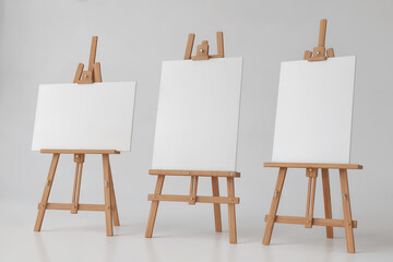 Three wooden artist easels with blank white canvases in studio wooden easel blank canvas