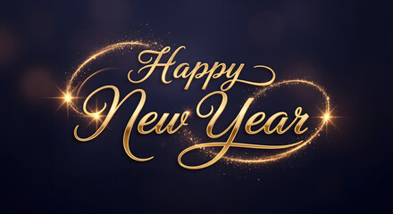 Elegant Vector Illustration of a Happy New Year greeting card with golden text, sparkles and flying light trails on a dark background