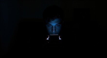 Man looking at cell phone. Facial illumination from screen highlighting face in dark room. Digital communication and late night internet use concept.
