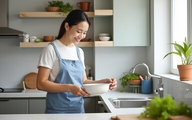 A happy middle-aged asian housewife is doing dishes and unloading dishwasher. High quality