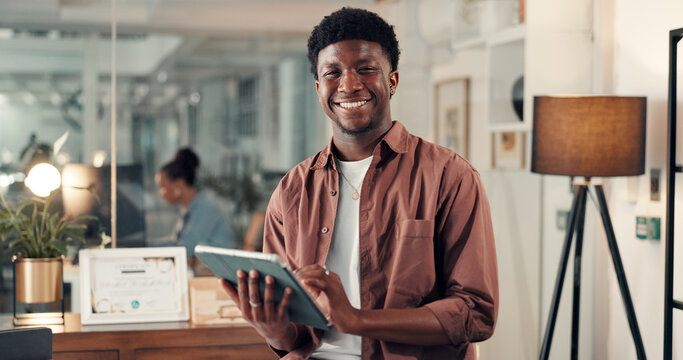 Business man, portrait and tablet in office, info or research for marketing campaign at night. Happy, review or male person with tech for online traffic or multimedia project at creative startup