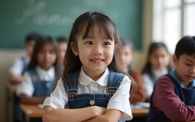 A schoolgirl following lecture on class at elementary school during covid 19. High quality