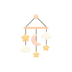 Vector Pastel baby mobile with crescent moon, stars, and clouds hanging. Perfect for nursery decor, baby products, bedtime scenes, and kawaii-themed illustrations.