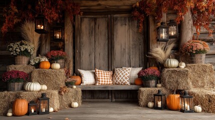 Stacks of hay bales form a tiered seating area. Orange and white pumpkins of various sizes are placed atop the bales, alongside potted mums in various shades of red, pink, and white. 