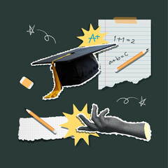 Back to school collage featuring graduation cap and educational symbols. Vector illustration