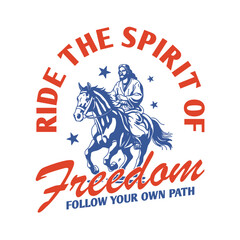 Hand-drawn vintage sketch of a man riding a horse with the word ‘Freedom’. Perfect for T-shirt design