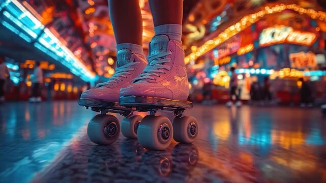 Pink roller skates on a brightly lit indoor rink