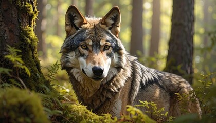 Obraz premium Majestic Wolf Portrait in Sunny Forest Detailed Furry Texture and Intense Gaze Woodland Scene with Mossy Trees and Ambient Light Natural Habitat Animal Focus