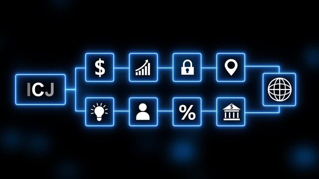 Digital Flowchart of Business Concepts with ICJ Acronym and Glowing Blue Neon Lines Keywords: flowchart, business, concept, digital, technology, network, connection, data, information