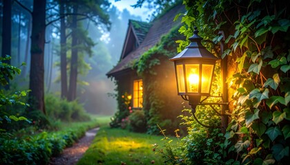Fototapeta premium Traditional wooden cottage with a thatched roof, nestled in a tranquil Japanese village forest, surrounded by old trees and vibrant summer grass