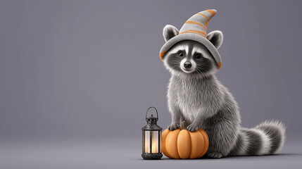 Cute raccoon wearing hat sitting on pumpkin beside lantern for Halloween  