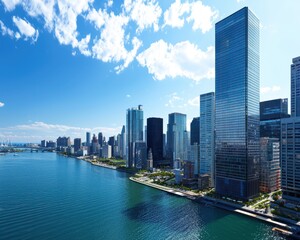 Fototapeta premium Vibrant City Skyline with River and Lush Green Parks Under Blue Sky