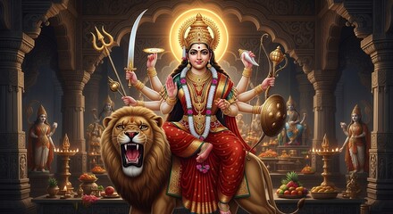 Goddess with Multiple Arms Wearing Red Traditional Attire Sitting on Lion in Ornate Temple