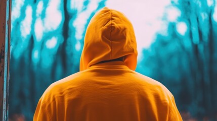 Back view of a person wearing an orange hooded sweatshirt against a blurred blue background