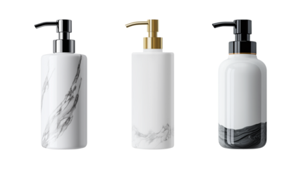 White dispenser bottle, set of marble bathroom decor. Catalog mockup of liquid soap, shampoo, hair conditioner or cream. Isolated element with clear even edge on transparent background