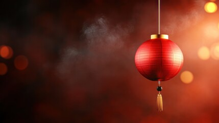 Obraz premium A solitary red Chinese lantern hangs against a softly blurred background of glowing lights and smoky atmosphere