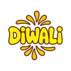 Diwali wordmark, playful yellow bubble letters, burst accents, cheerful headline, minimal white background, fun celebration logo, vector design