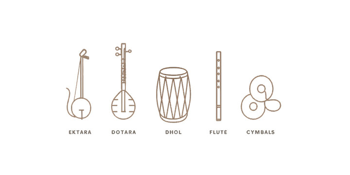 Print  Bengali Folk Musical Instruments Vector Icon Set &ndash; Minimalist Line Art of Ektara, Dotara, Dhol, Flute, and Cymbals on White Background
