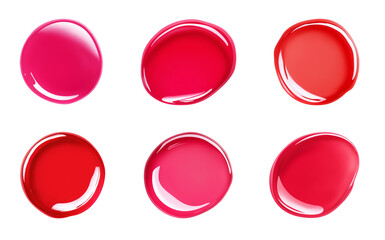 Set of round lip gloss swatches, red and scarlet shades. Abstract glossy texture. Isolated element with clear even edge on transparent background