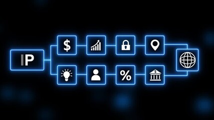 Digital Flowchart of Business Concepts with IP Acronym and Glowing Blue Neon Lines Keywords: flowchart, business, concept, digital, technology, network, connection, data, information - Powered by Adobe