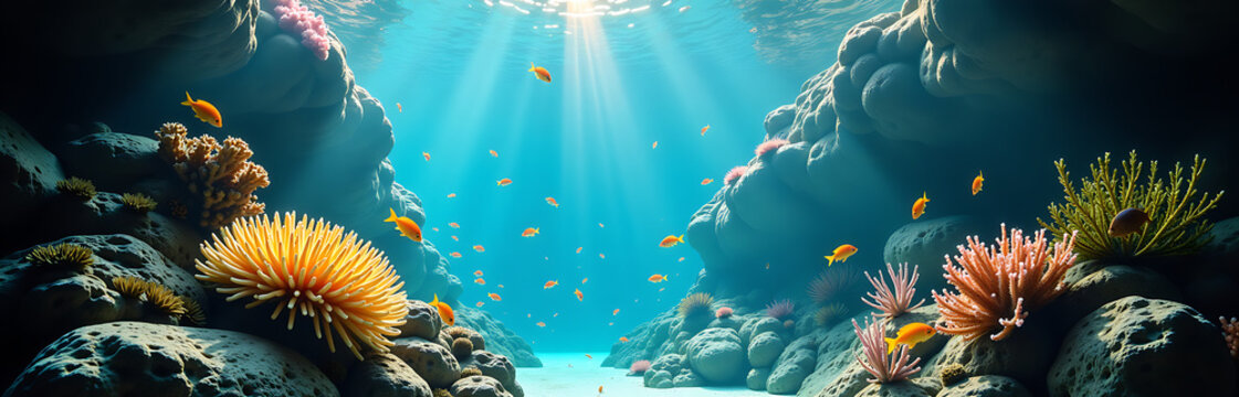 glass tank teems vibrant schools small fish darting mesmerizing array coral seaweed bathed soft