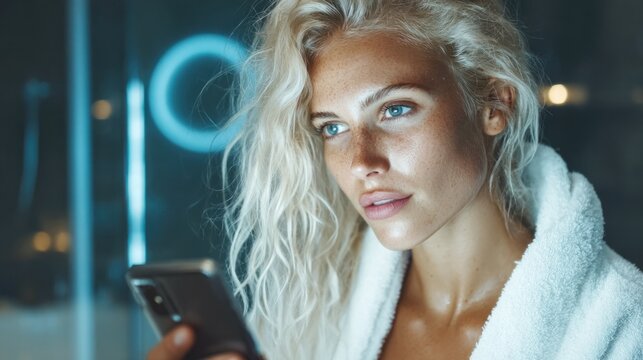 Young woman with blonde hair and freckles wearing a white bathrobe holding a smartphone