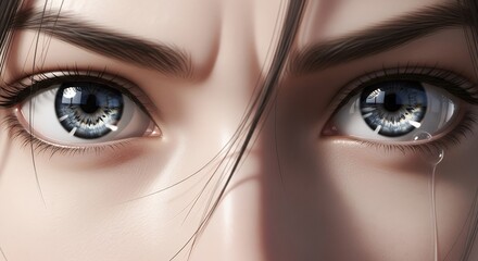 Fototapeta premium Closeup Blue Eye Woman Crying Showing Emotional Facial Expression