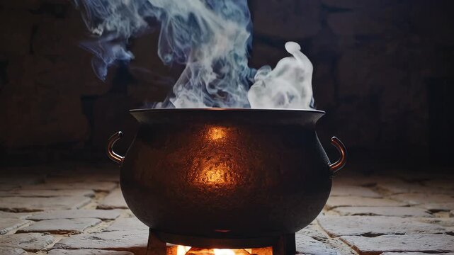 Bubbling cauldron emanating smoke in rustic stone setting