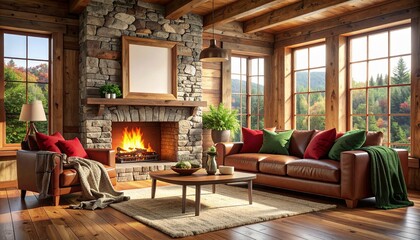 Fototapeta premium Cozy rustic living room of a log cabin with a burning stone fireplace and large windows showing a vibrant autumn forest scene