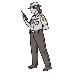 Illustration of a female state trooper holding a radio, she is wearing her uniform and hat, and is standing at attention